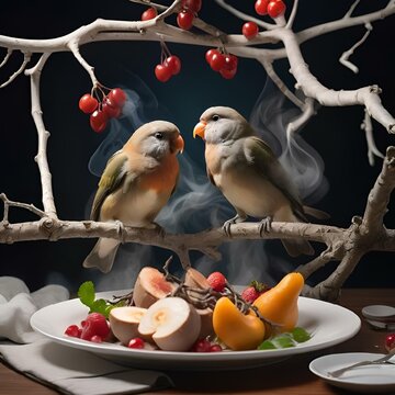 AI illustration of birds perched on plate with fruit and smoke rising