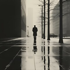 man walking along sidewalk alone with buildings in the background,