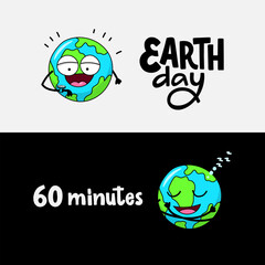 Cute Character Earth. Mascot globe watching for clock, sleeping. Off light for 60 minutes. Save Earth. Vector, illustration, sticker