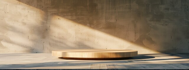 Empty podium for stand product. Cream aesthetic interior with shadow and sunlight.