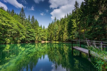 Scenic shot in Thuringian Forest with a dock and evergreen trees reflected on the water