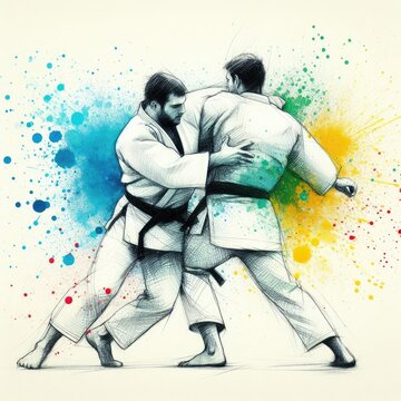 Judo in watercolor splash paint illustration with Generative AI.