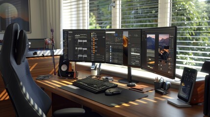Telecommuting workstation with dual monitors and ergonomic setup