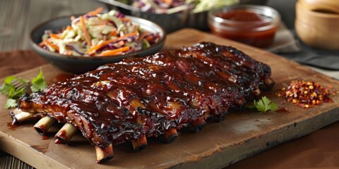 Tender barbecue ribs plated with coleslaw and sauce on a black dish. Flavorful barbecue feast