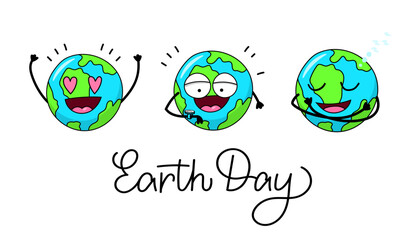 Set Earth character. Emotions mascot globe. Collection save planet. Vector illustration