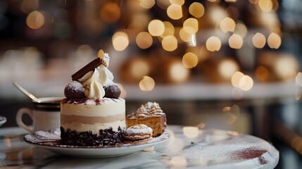 Gourmet desserts specialty coffee in elegant patisserie with hazy bokeh radiant background