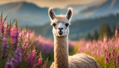 Portrait of cute lama in field with pink flowers. Farm animal. Blurred backdrop.