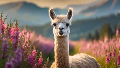 Portrait of cute lama in field with pink flowers. Farm animal. Blurred backdrop.