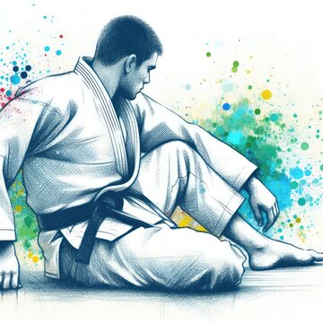 Judo in watercolor splash paint illustration with Generative AI.