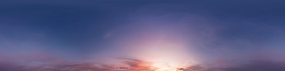 Dark Sunset sky panorama with glowing pink Cirrus clouds. HDR 360 seamless spherical panorama. Full...