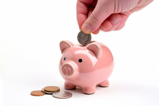 Hand holding a cent coin near a pink piggy bank, putting a coin into it, isolated on a white background.