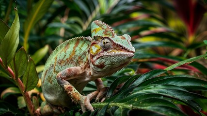 Fototapeta premium AI generated illustration of a vibrant chameleon camouflaged among lush tropical foliage