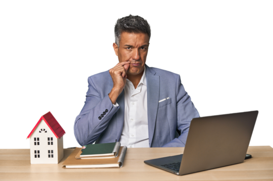 Middle-aged Hispanic businessman with real estate theme with fingers on lips keeping a secret.