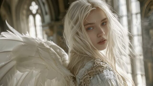 Beautiful sad fallen angel with white hair and wings at old chapel. Pretty girl in mysterious costume. Unhappy female fairy. Attractive model. Gloomy dim light.