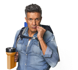 Hispanic trekker with backpack and flashlight with fingers on lips keeping a secret.