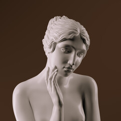 Greek woman sculpture face touch hand pose. 3d rendering goddess or nymph - 785153315