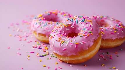 AI generated illustration of delicious pink donuts with colorful frosting and sprinkles