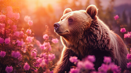 Cute, beautiful bear in a field with flowers in nature, in sunny pink rays. Environmental...