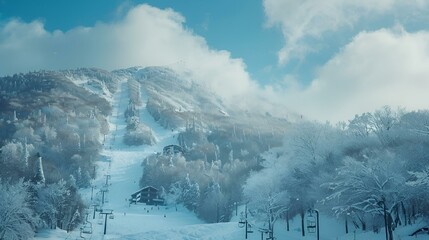 Snow-covered mountain with trees and skiers on a hill, AI-generated.