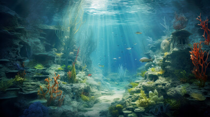 Fototapeta na wymiar Transparent water of the ocean or sea, corals and fish underwater, seascape.