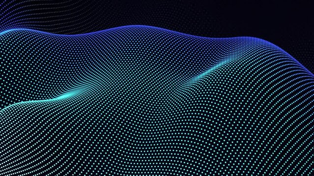 Looped animated futuristic corporate technology abstract background of glowing dots on dark background moving as a fluid shape