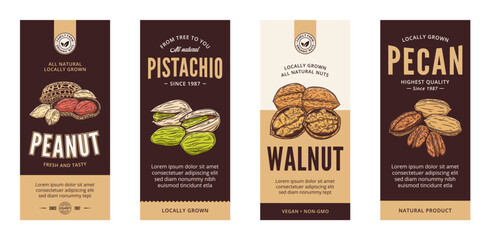 Vector various nut labels in modern style. Vector nut illustrations