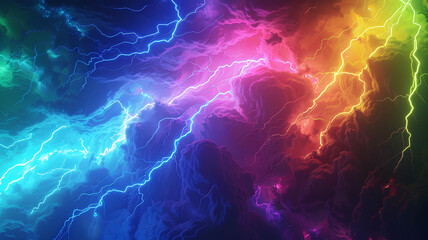 colored lightning strikes, bright neon rainbow colors - obrazy, fototapety, plakaty