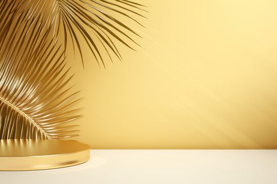 Gold background with palm leaf shadow and white wooden table for product display, summer concept. Vector illustration, isolated on pastel background
