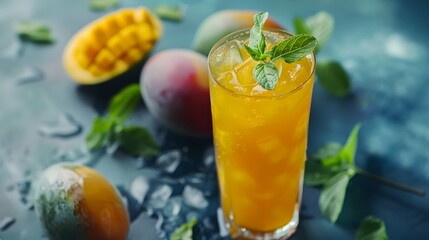 fresh mango maracuja juice drink with mint. Summer cold drink concept