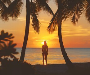woman watching the sunset on the beach at tropical island, travel and vacation concept