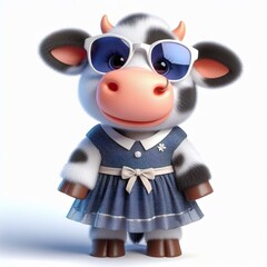 Fototapeta premium a cute cow wearing dress and cool fashion eyeglasses , funny, happy, smile, white background