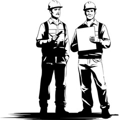 Engineering Visionaries Duo with Paper Emblem Design Innovators Engineer Blueprint Icon