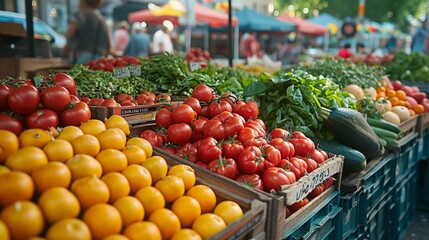 A vibrant farmers' market teeming with fresh produce and diverse vendors  showcasing local agriculture and healthy food choices.