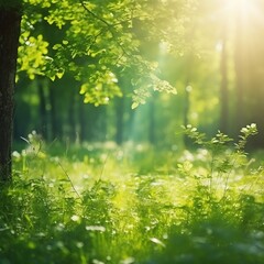 Fototapeta premium Sunlight in the green forest. Beautiful nature background with sunlight.