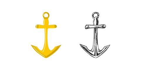 Cute hand drawn ship's anchor. Flat and outline black vector illustration isolated on white background. Doodle drawing. © Mariia Mazaeva