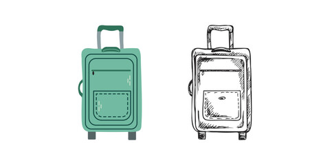 Cute hand drawn vintage suitcase. Flat and outline black vector illustration isolated on white background. Doodle drawing.