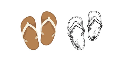 Cute hand drawn flip flops. Flat and outline vector illustration. Doodle drawing.