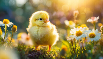 Close-up of small yellow chick in field of grass and blooming flowers. Cute farm bird, animal.