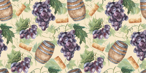 Seamless pattern with grapes, green leaves, grape vines, barrel, red , wine corks. Hand drawn watercolor illustration. Isolated on white background. For fabric, textile, paper. Beige background.