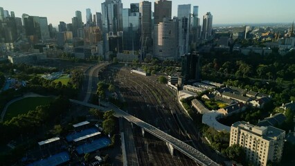 Aerial drone reveal of the city of Melbourne, Victoria, Australia.