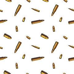 Repeated bullets, gold ammunition seamless pattern background.