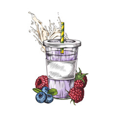 Vector illustration of a purple smoothie made from raspberries and blueberries on a white background
