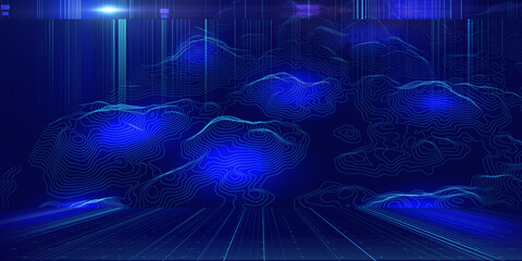 Abstract topographic map background with blurred lines on blue. Technology landscape contour concept data in virtual space. Banner for business, science and technology data analytics. Big Data.