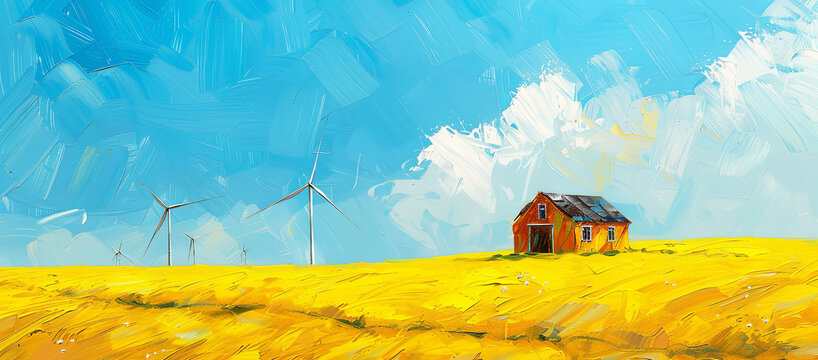 Landscape featuring a solitary cottage, wind turbines. Painting art banner