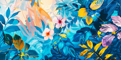 Abstract painting background made of tropical leaves, branches and flower. Nature banner - obrazy, fototapety, plakaty