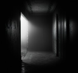 an open hallway in the dark with a light on a door