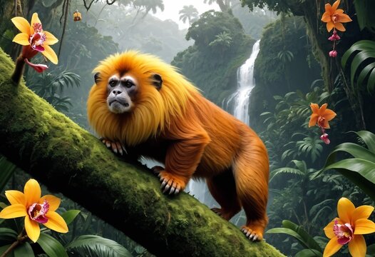 yellow monkey standing in a tree and flowers in the background