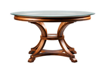 The Tranquil Harmony: Wooden Table With Glass Top. On White or PNG Transparent Background.
