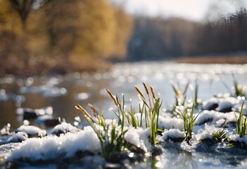 snow is on grass in front of a river during a snowy fall