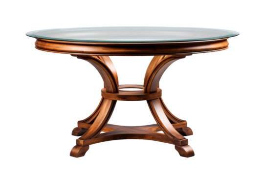 The Tranquil Harmony: Wooden Table With Glass Top. On White or PNG Transparent Background.